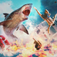 A shark leaps out of the water an attacks a man.